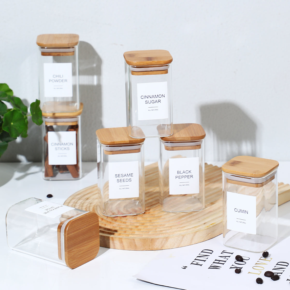 18-Piece Square Spice Jar Set with 72 Stickers - Kitchen Organizer