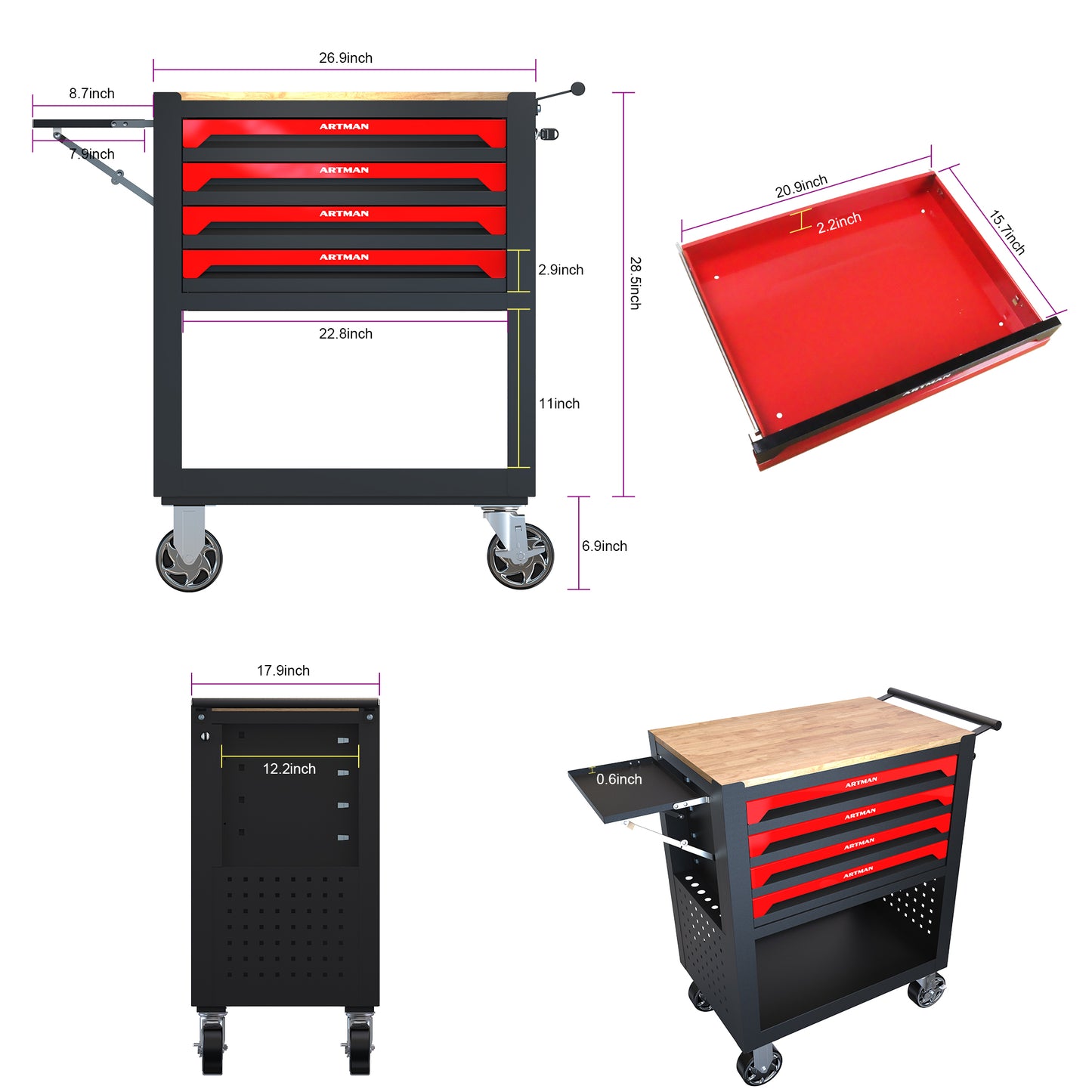 4-Drawer Multifunctional Tool Cart with Wheels and Wooden Top
