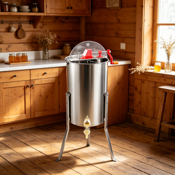 3-Frame Manual Honey Extractor Stainless Steel Beekeeping Honey Spinner with Adjustable Stand & Lid