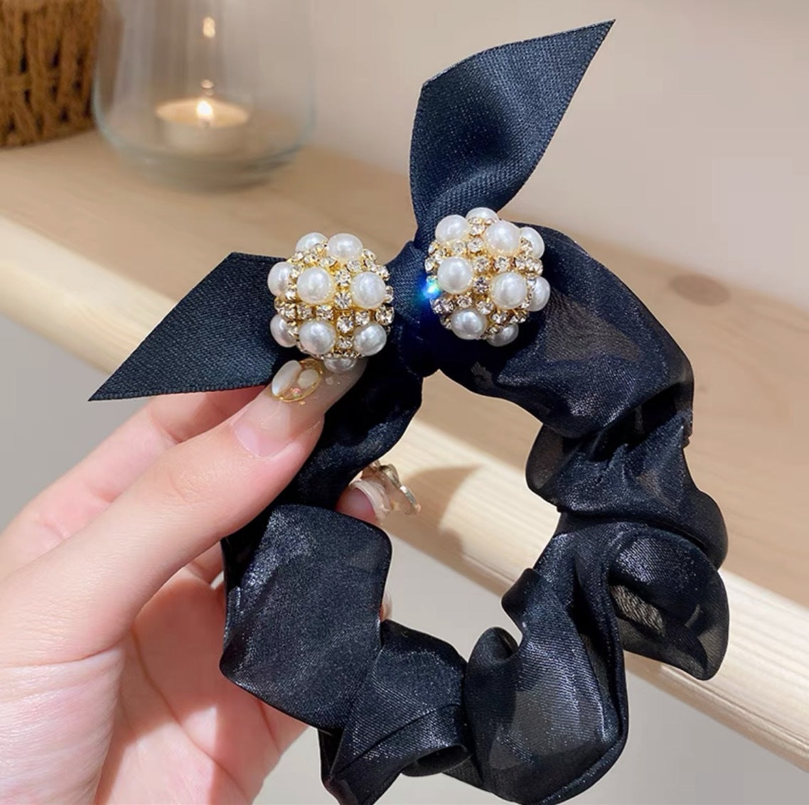 Beaded Pearl Bowknot Hair Rope - Korean Style