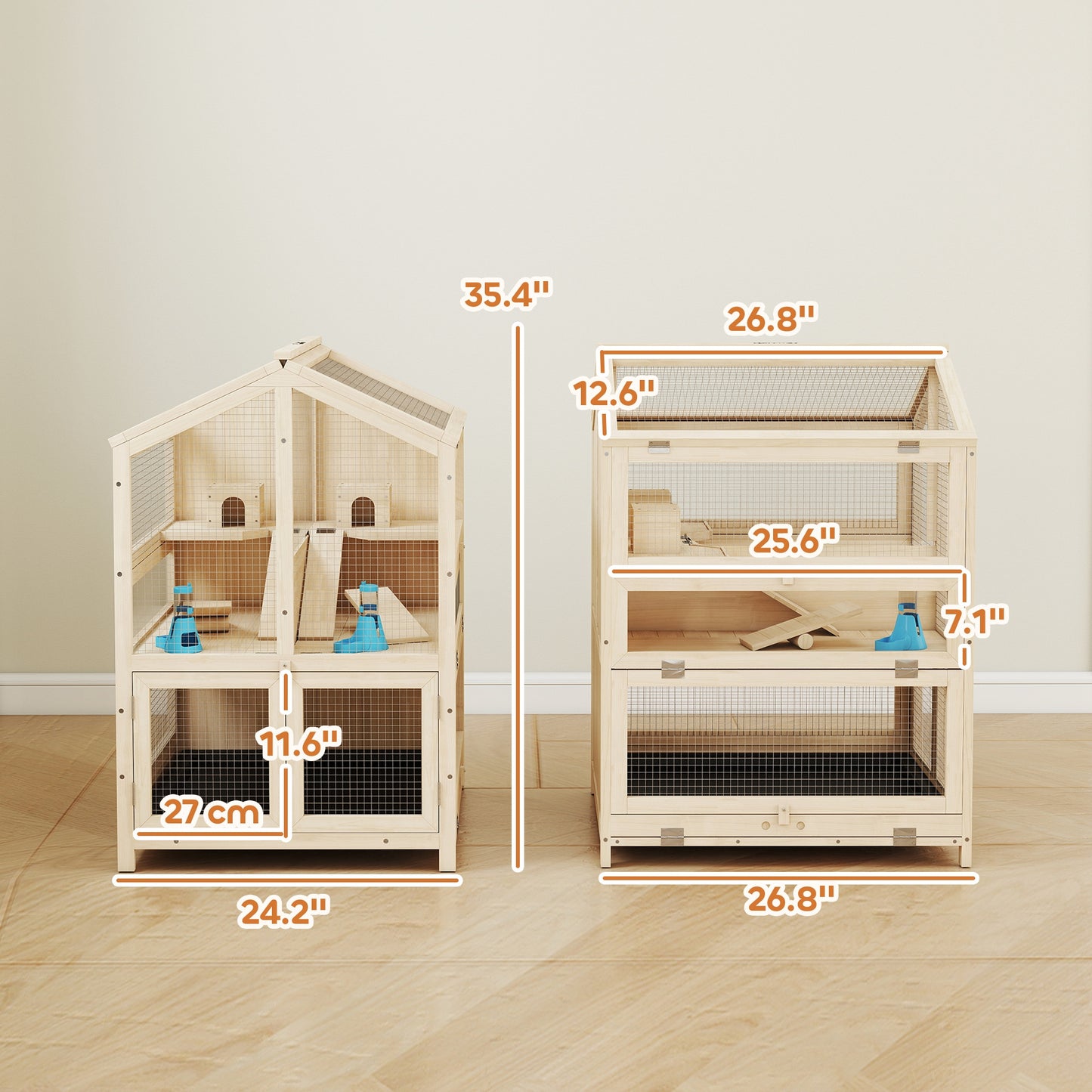 Large Wooden Hamster Cage 3-Tier with Pull-Out Tray & Openable Top
