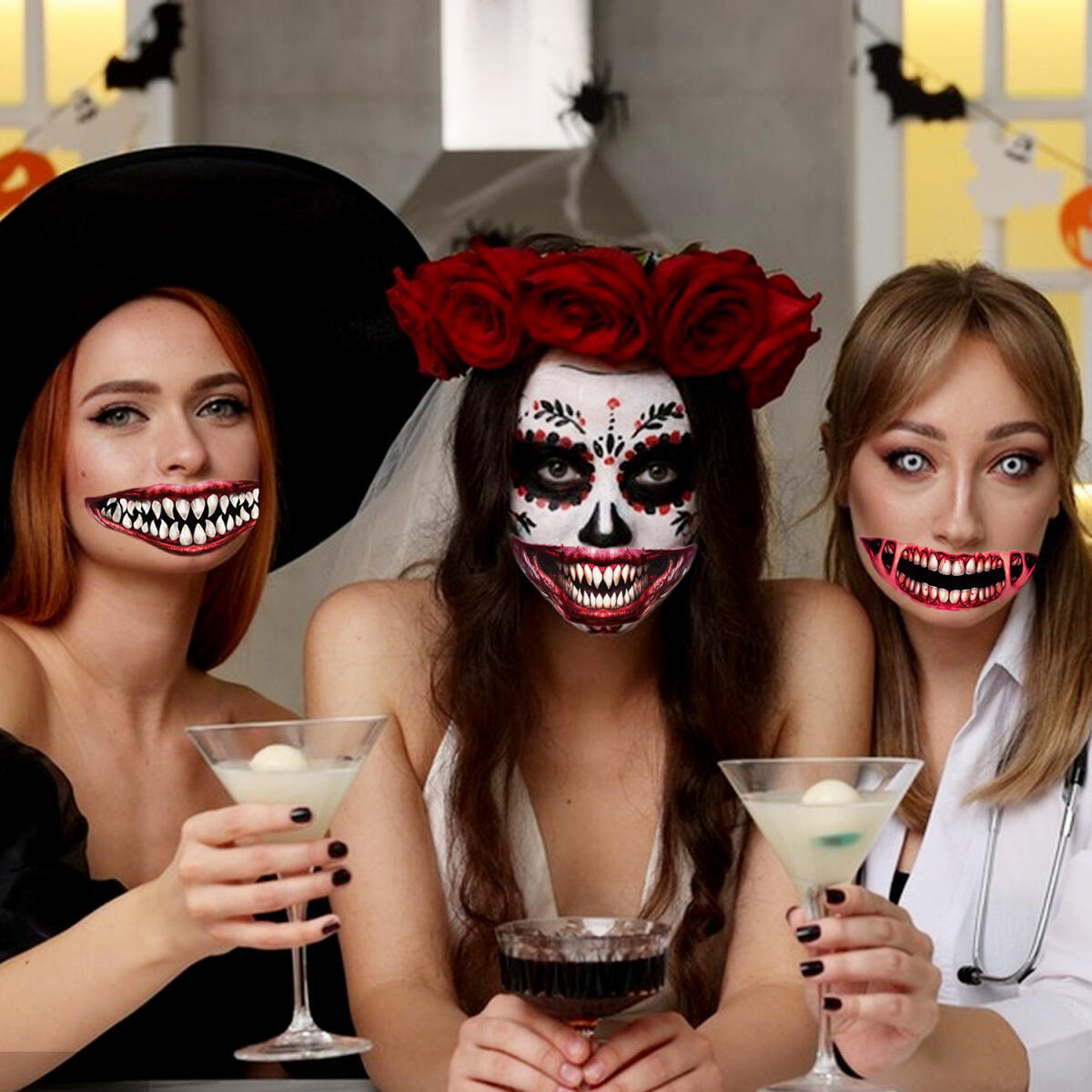 18 Sheets Halloween Temporary Tattoo Stickers - Scary Mouth Designs
