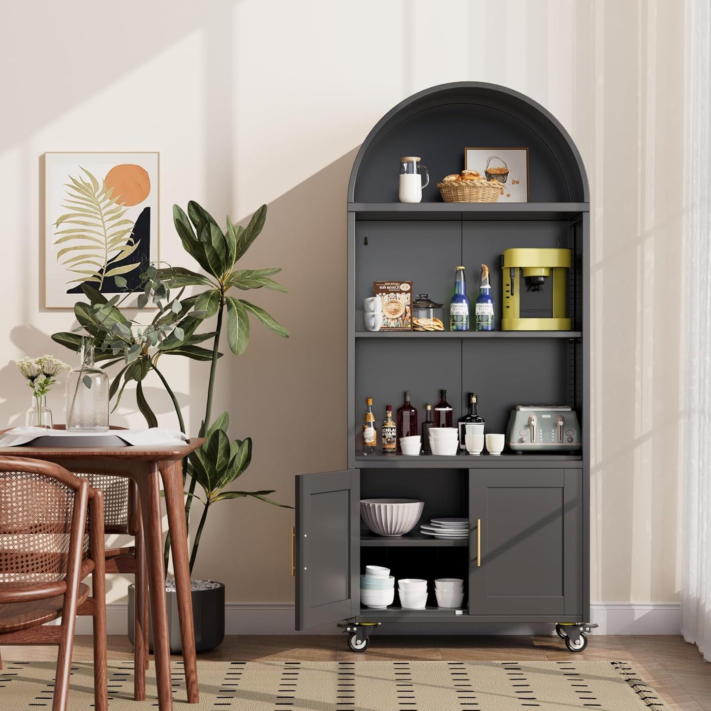 Metal Arched Bookcase with Wheels - Modern Black Storage Cabinet
