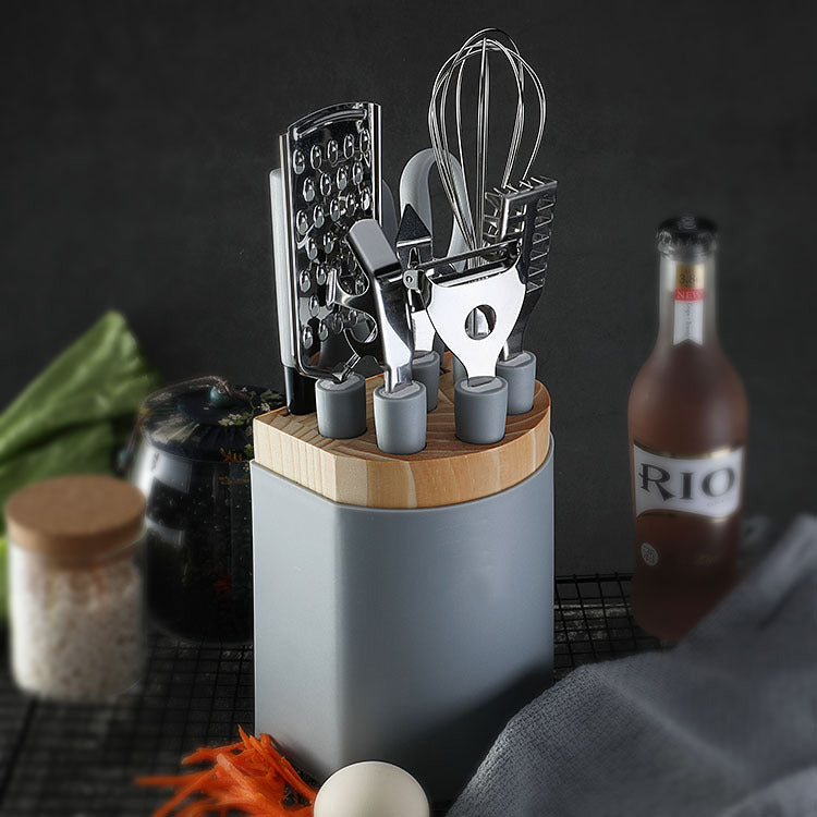 Stainless Steel Kitchen Utensil Set with Scissors Peeler Egg Beater & Tray - Multiple Colors