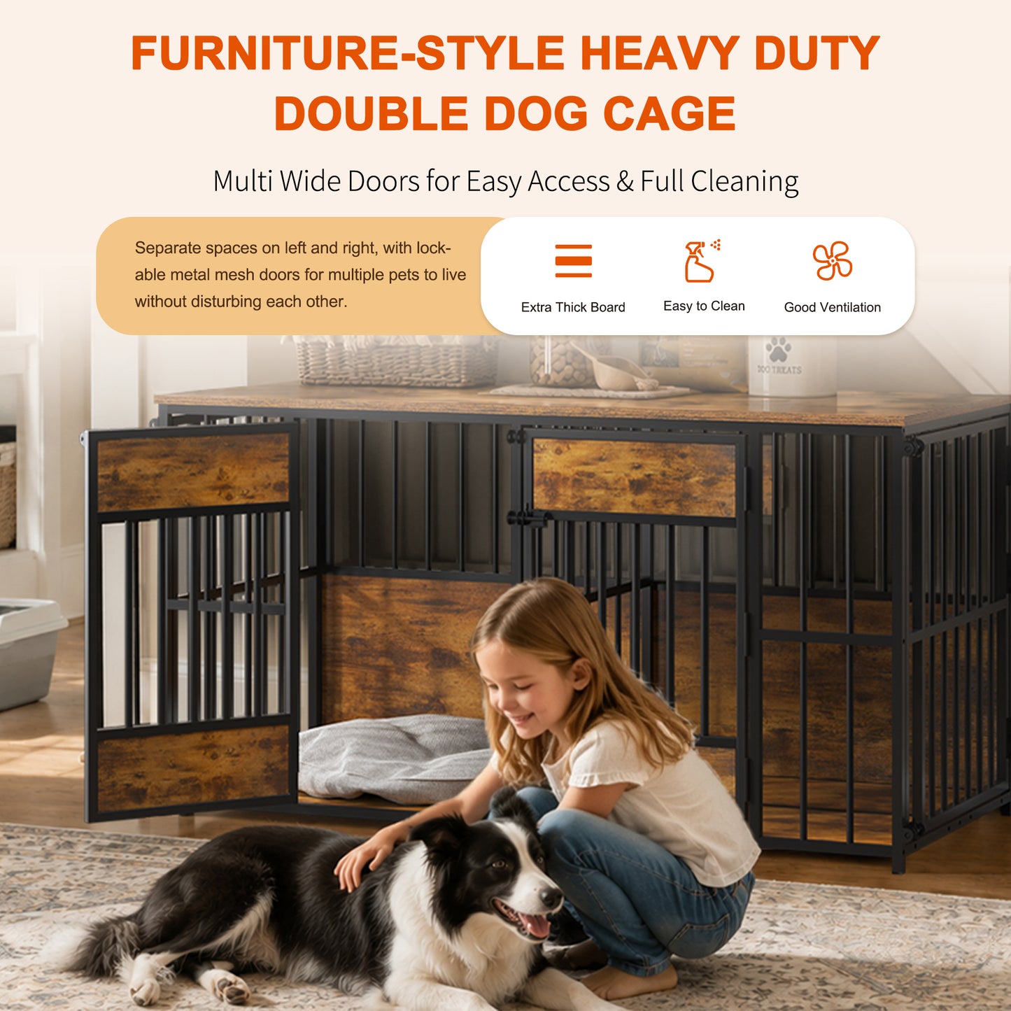 Large Wooden Dog Crate Furniture with Storage Top, Indoor Pet Kennel