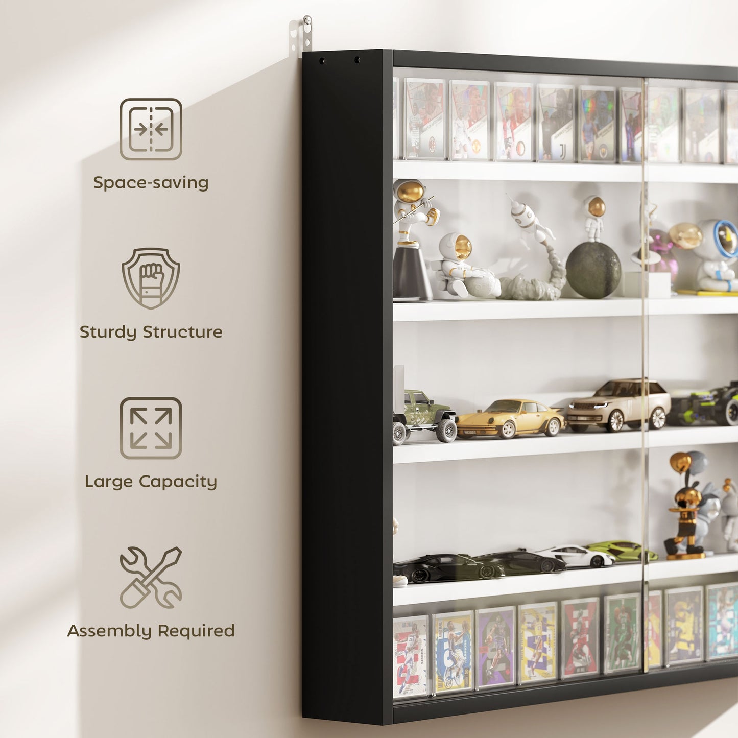 5-Tier Wall-Mounted Display Cabinet with Glass Doors - Black