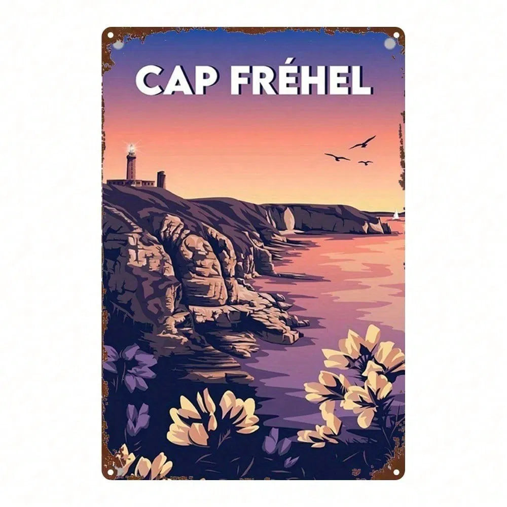 Vintage French Landscape Metal Sign - Cap Frehel Lighthouse