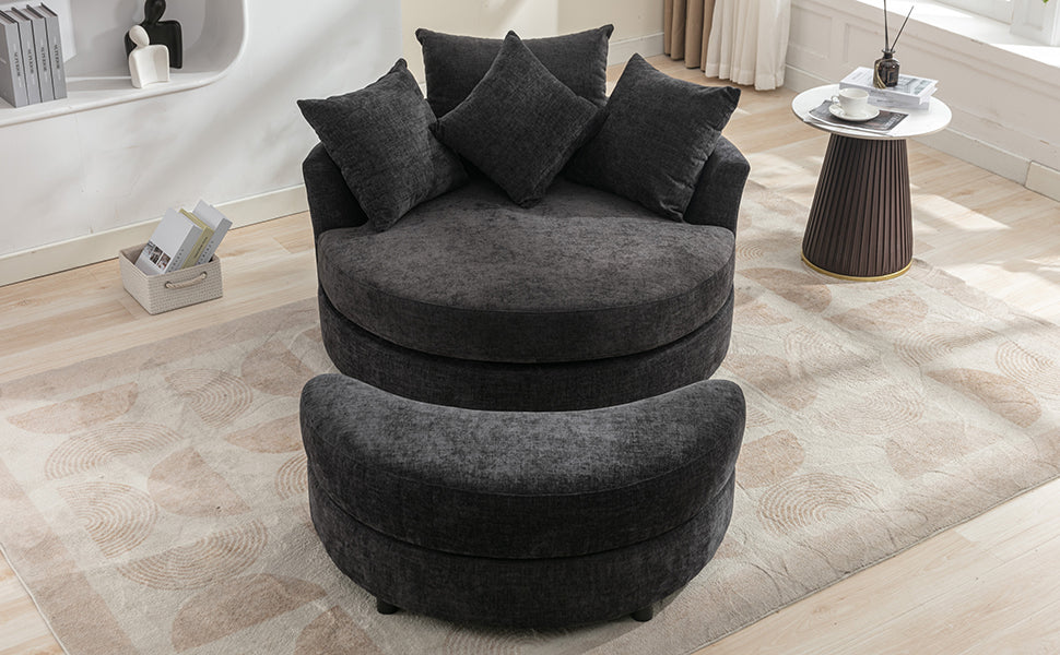 360° Swivel Accent Barrel Chair with Storage Ottoman & 4 Pillows - Gray