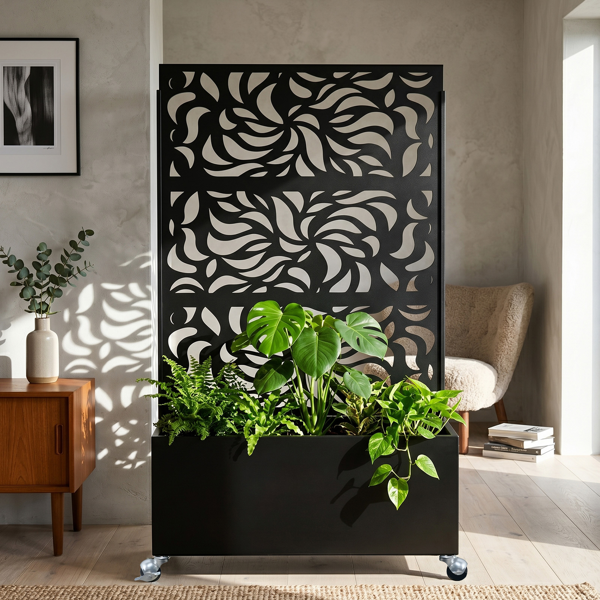Outdoor Leaf Pattern Privacy Screen with Planter Box - Black Metal Freestanding Garden Fence
