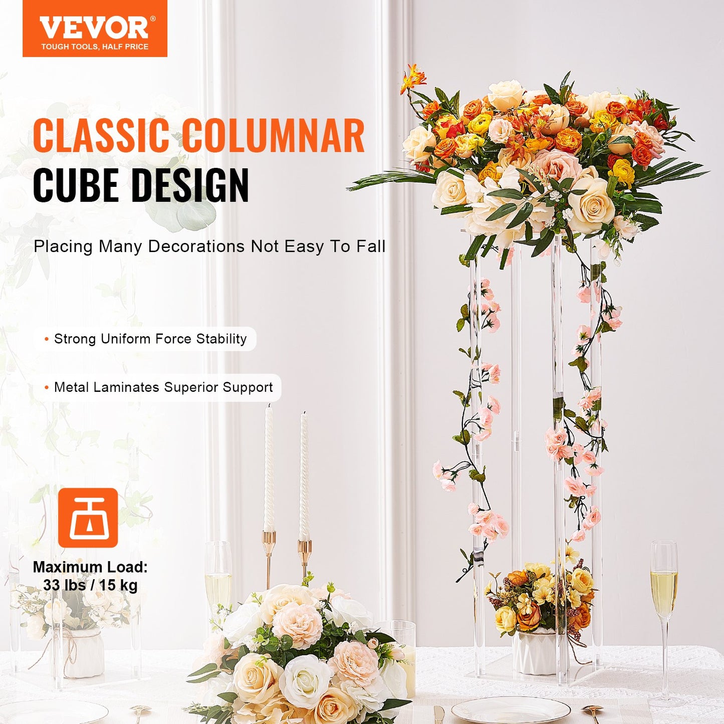 High Wedding Flower Stand with Acrylic Vase Column - 23.6 Inch, Metallic