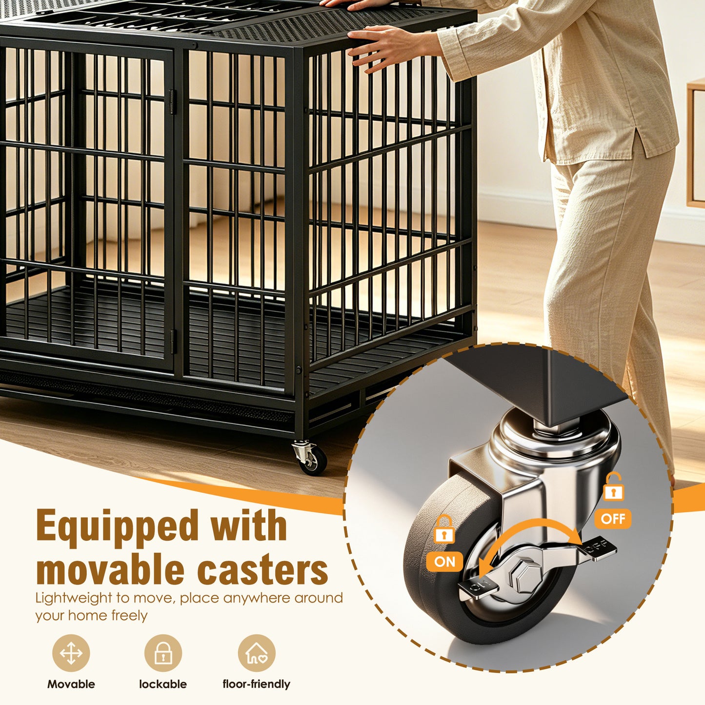Heavy Duty Dog Crate with Lockable Wheels & Perforated Top - Indoor Outdoor Metal Kennel