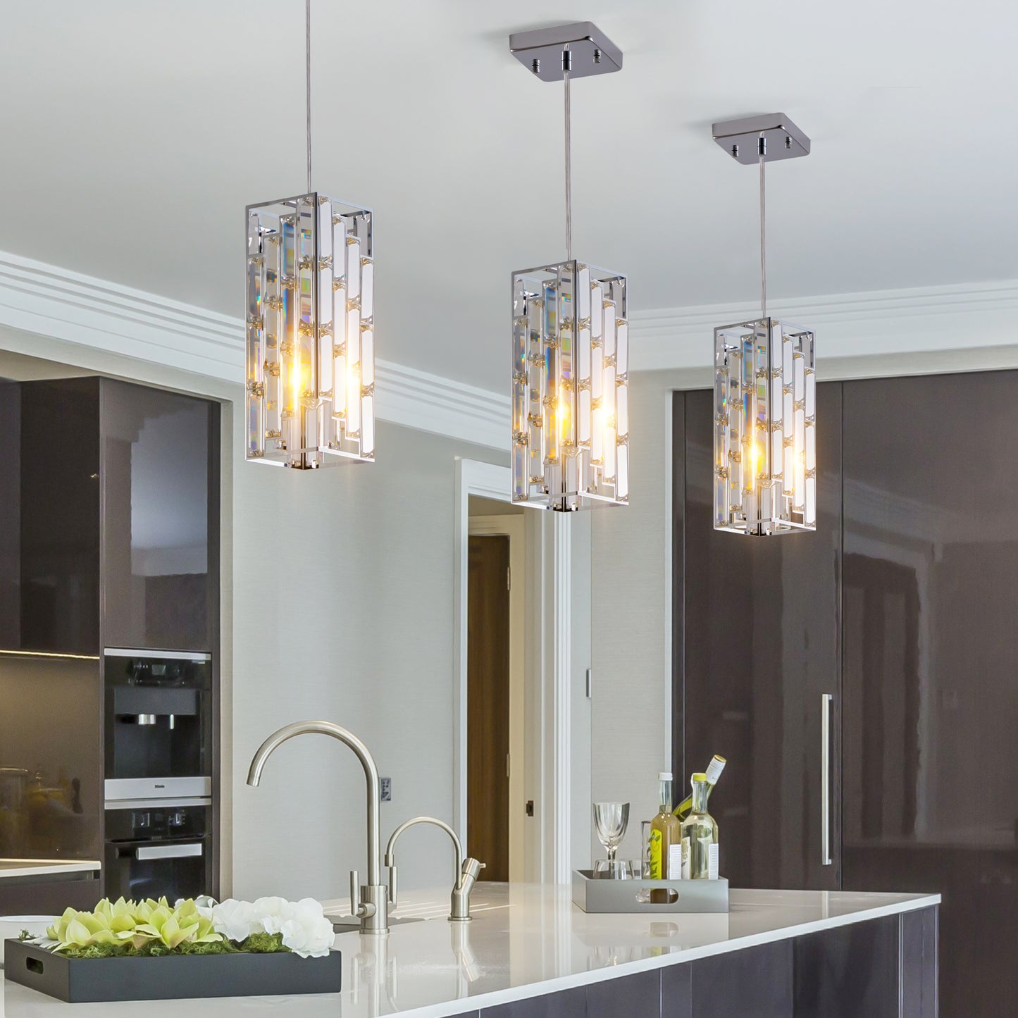 4-Inch Modern Crystal Pendant Light 3-Pack, Adjustable Hanging Ceiling Lamps