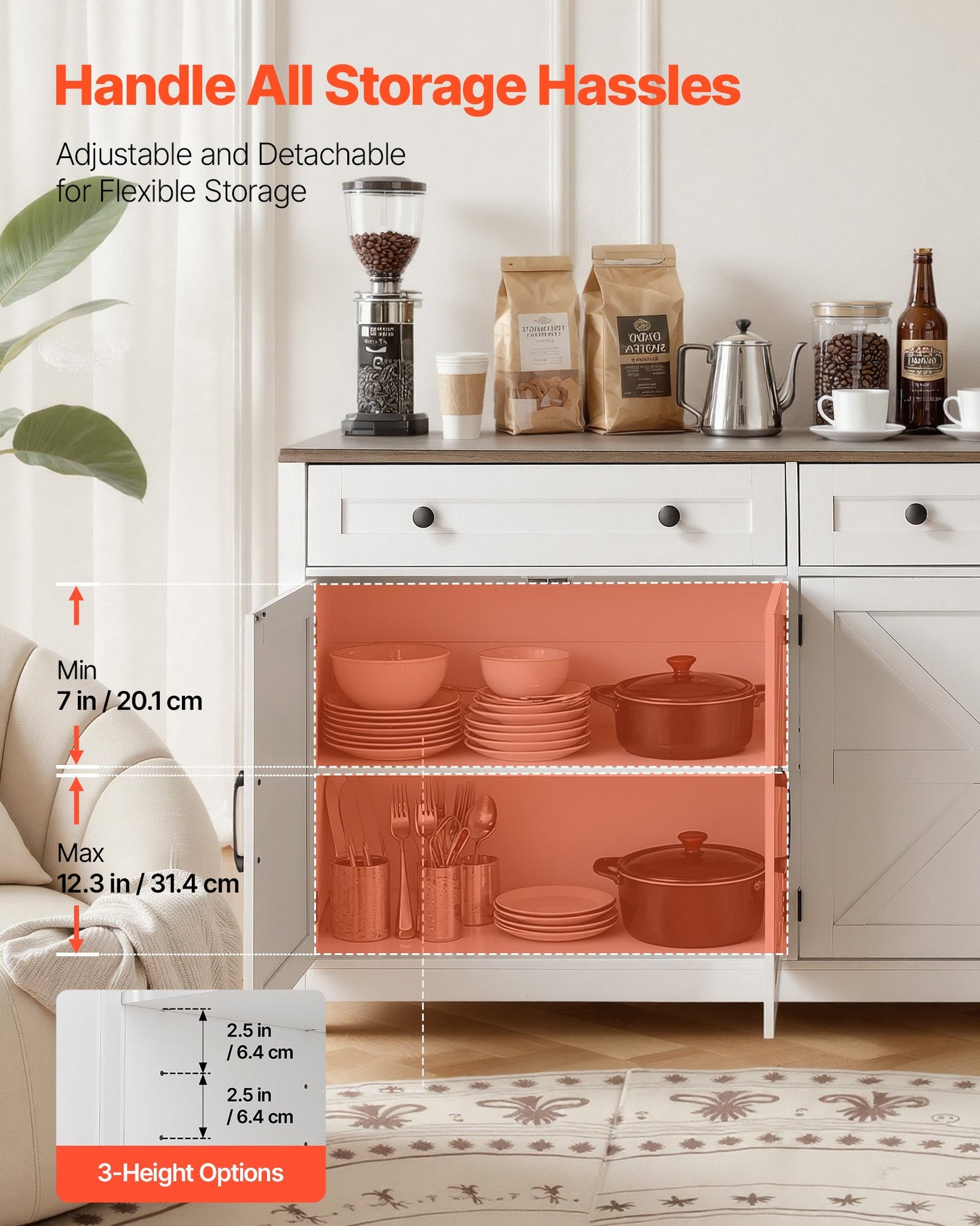 Farmhouse Coffee Bar Cabinet with 2 Drawers & Barn Doors - White