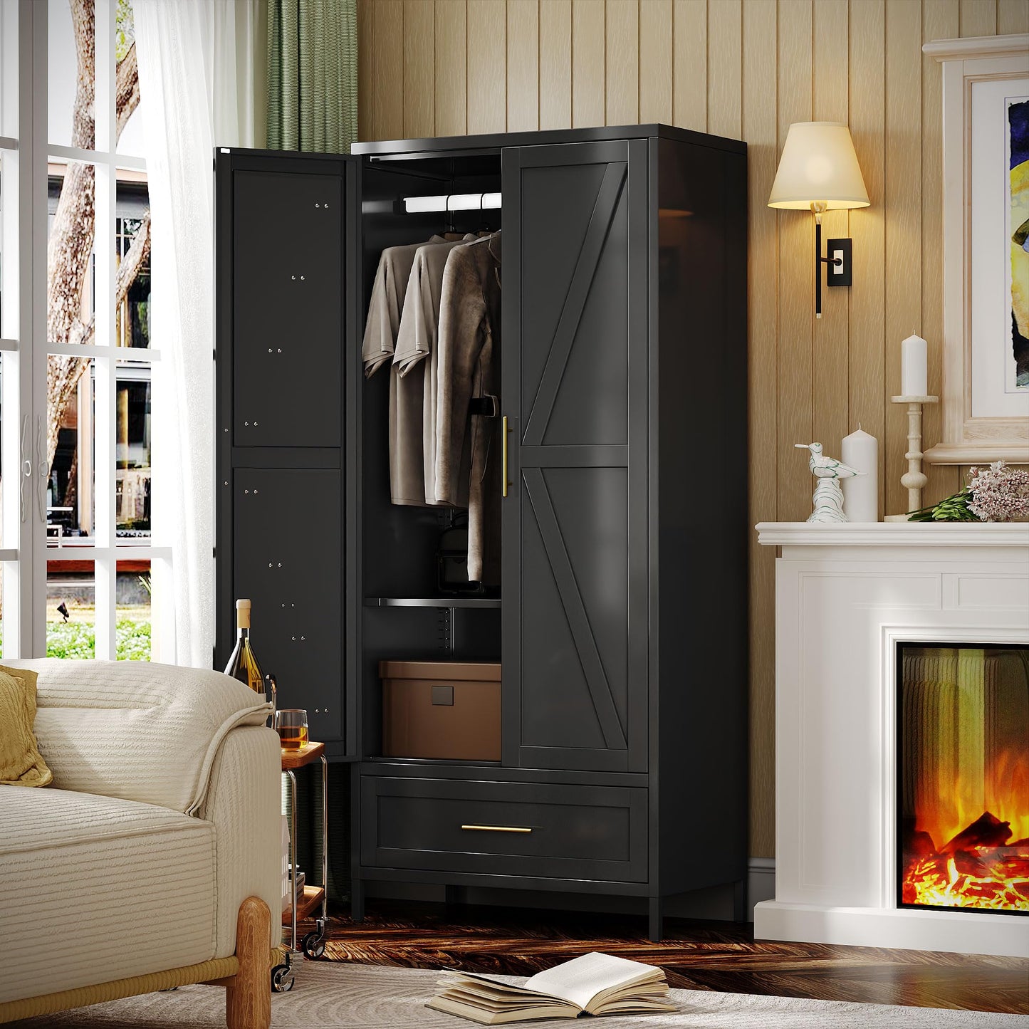 Metal Wardrobe Cabinet with Drawer - 71 Inch, Black