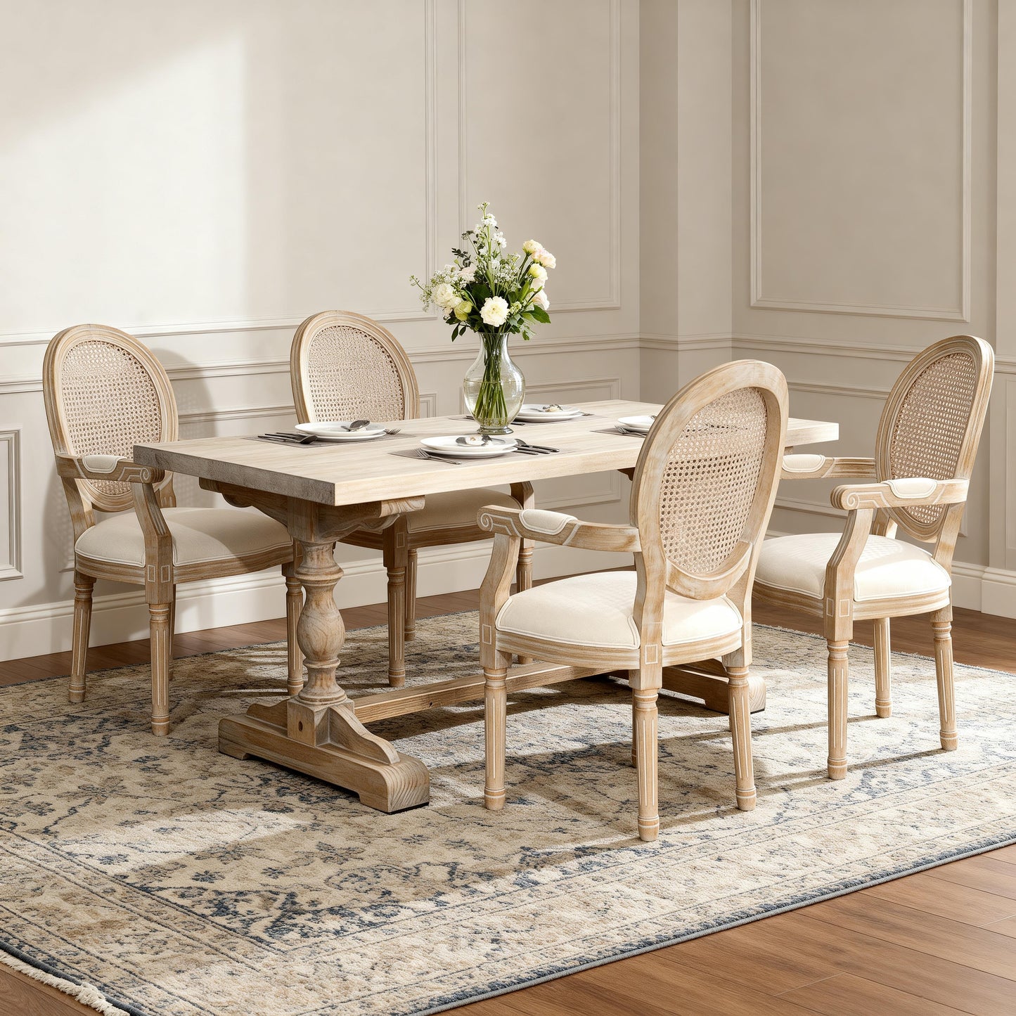 French Country Dining Armchair Set of 2 - Beige Upholstered Chairs