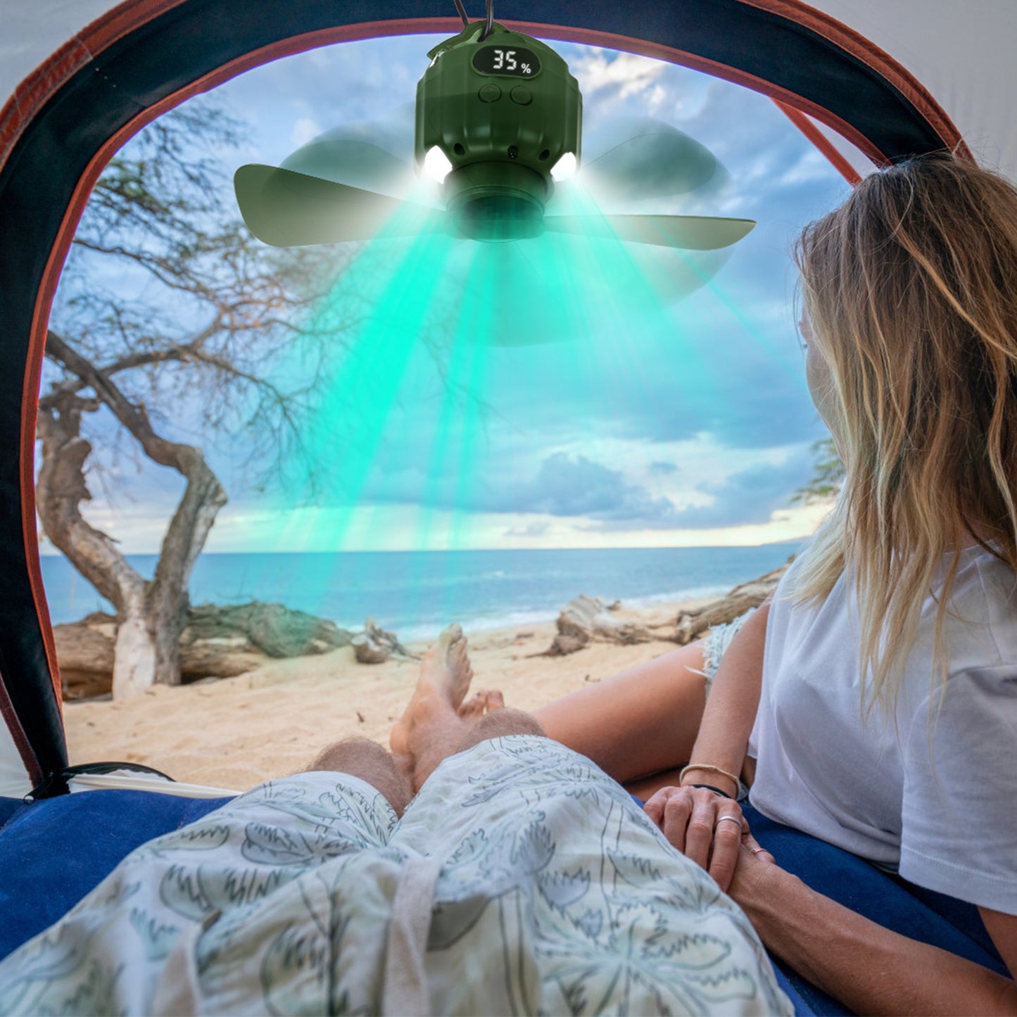 3-in-1 Camping Fan with LED Lantern and Power Bank - Rechargeable, Quiet, Detachable Blades