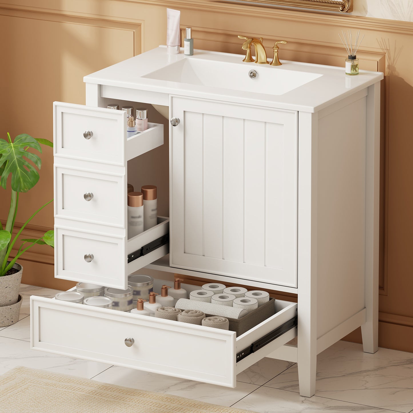 30" Bathroom Vanity with Sink, Cabinet & 3 Drawers - White