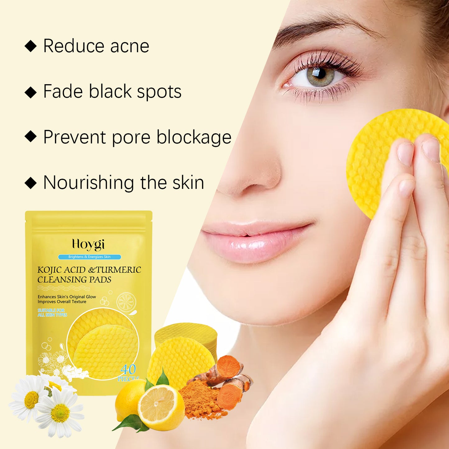 Turmeric & Kojic Acid Facial Cleansing Pads - Exfoliating Skin Care, 40 Count