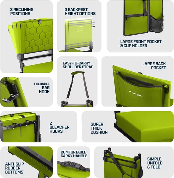 Folding Reclining Stadium Seat with Back Support - Lime 17"
