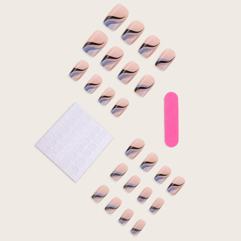 French Line Nail Tips with Water Ripple Design and Nail Stickers - 24 Pieces