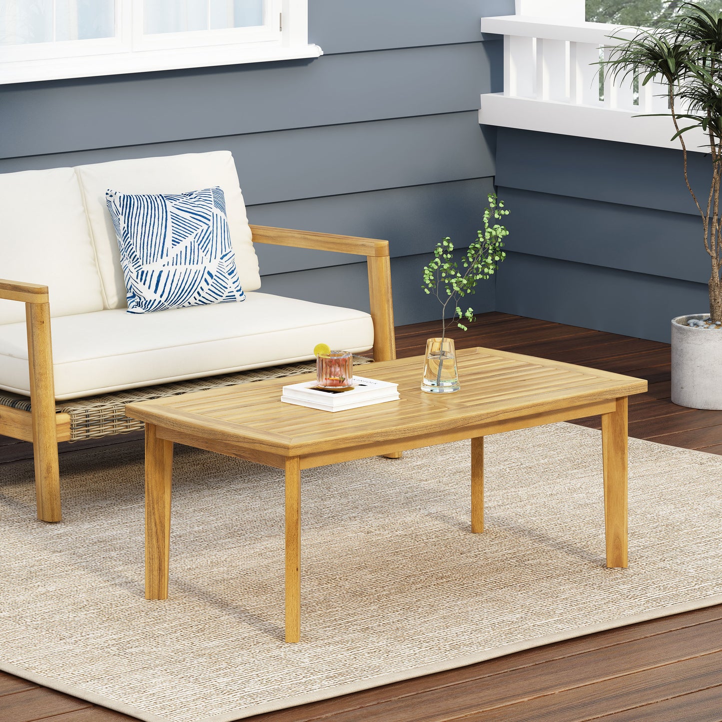 Outdoor Acacia Wood Rectangular Coffee Table, Teak, 43.25 W X 23.50 D