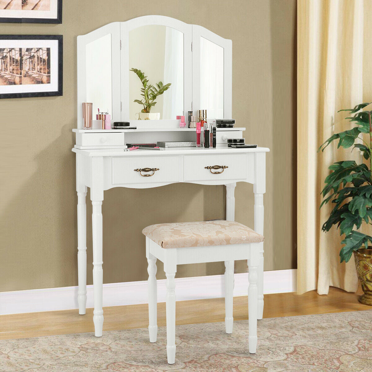 Vanity Set with Tri-Folding Mirror and Storage Drawers - White