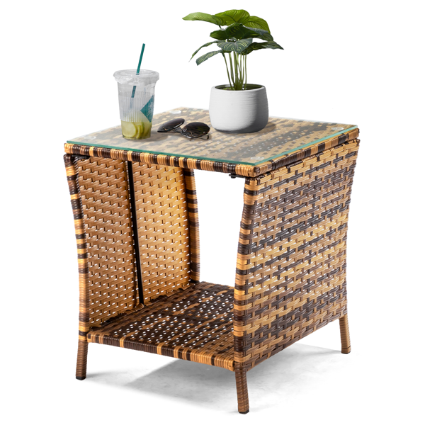 Glass Surface Yellow Gradient Rattan Side Table - Modern Home Decor