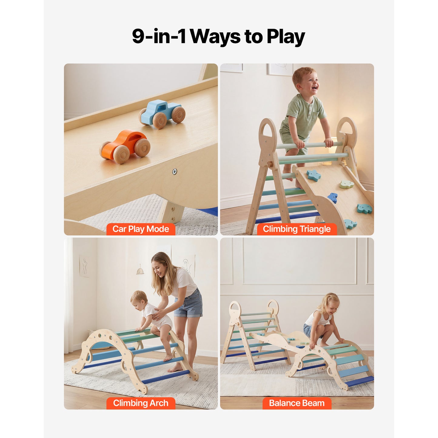 Indoor Toddler Climbing Set with Wooden Cars & Ramp - Foldable Montessori Play Equipment for Kids
