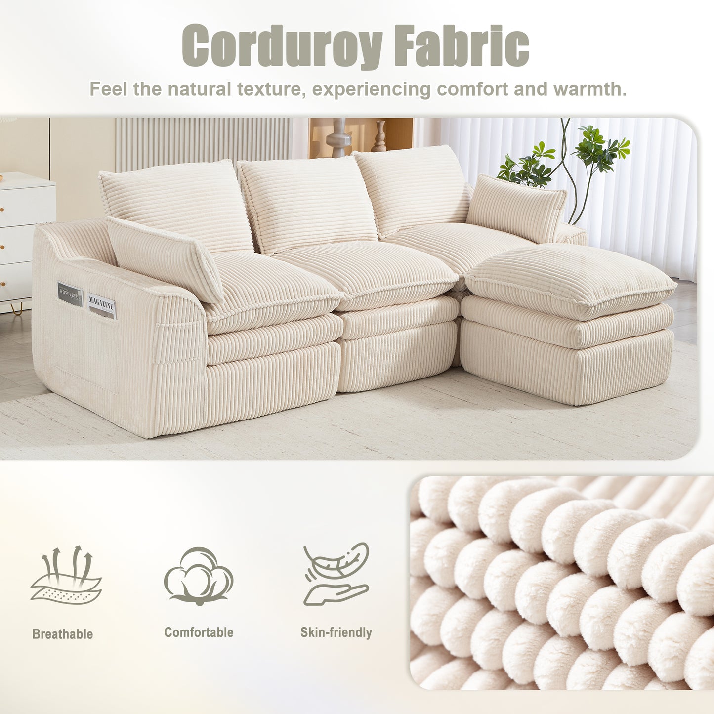 Beige L Shaped Modular Sectional Sofa with Footstool & Pillows