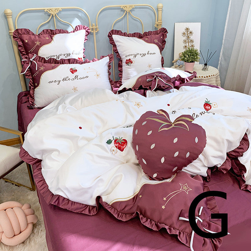 Cotton Embroidery Duvet Cover Set - Four-Piece Bedding with Strawberry Design
