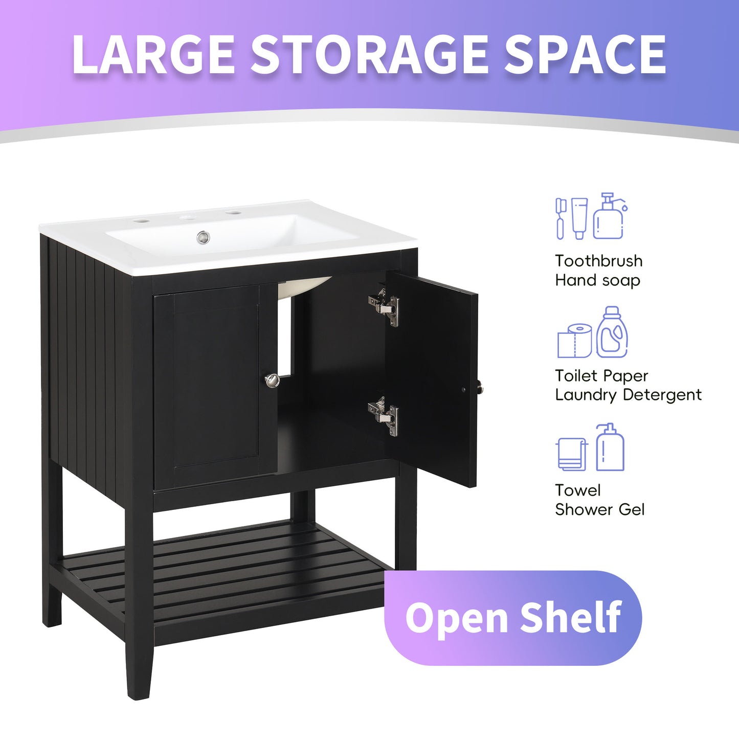 24" Black Modern Bathroom Vanity with Ceramic Sink & Wood Frame