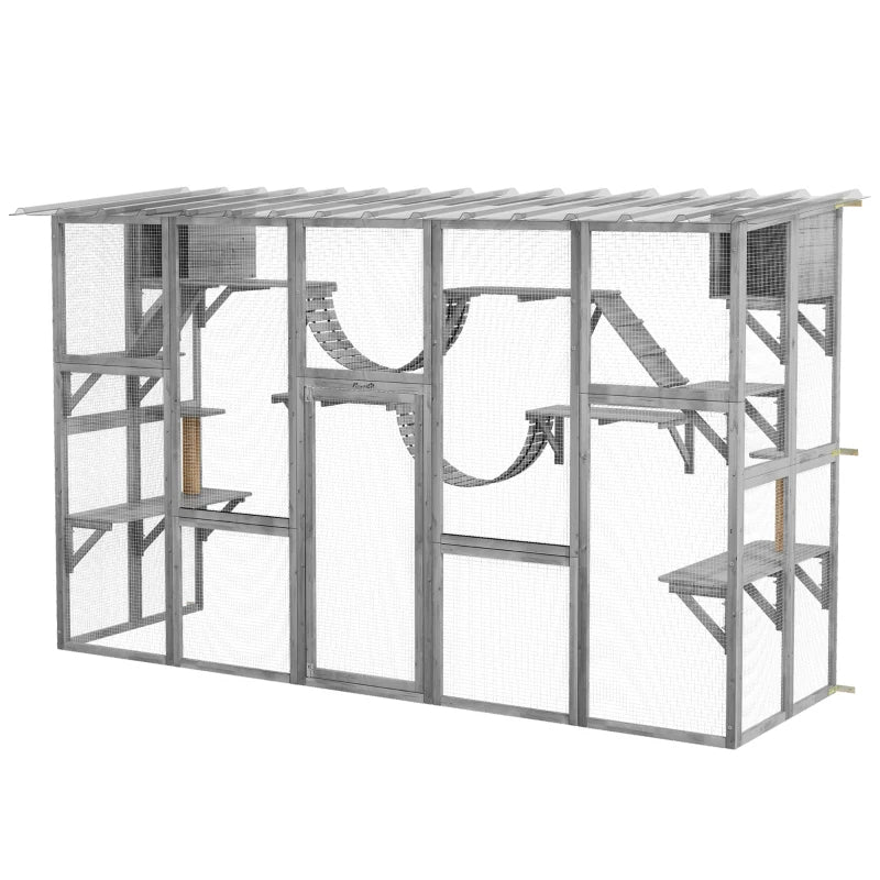 Outdoor Cat Window Box Enclosure with Shelves & Bridges - Gray