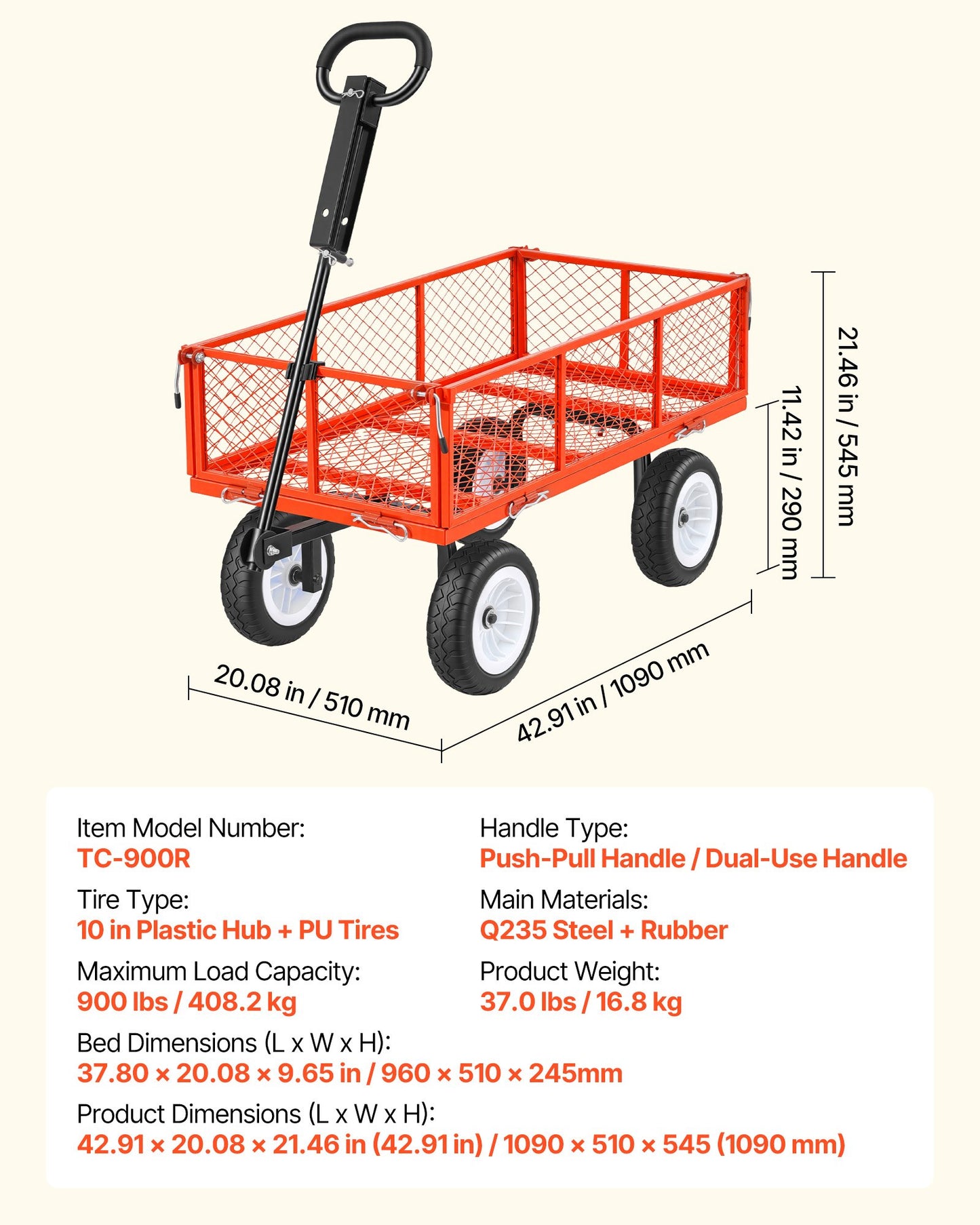 Heavy Duty Steel Garden Cart with 900 Lbs Capacity, Detachable Side Panels & 10-Inch Flat-Free Tires
