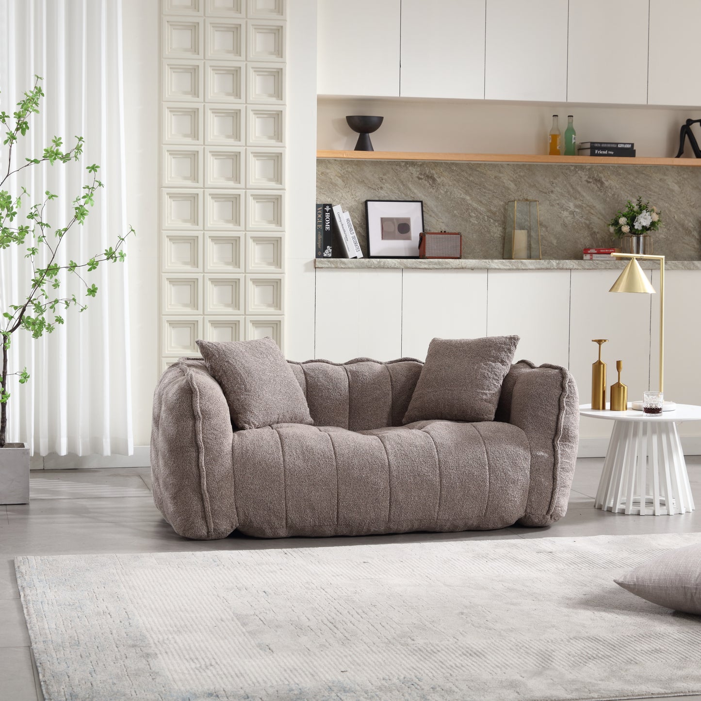 Comfortable Brown Beanbag Chair for Two - Chenille Foam Sofa