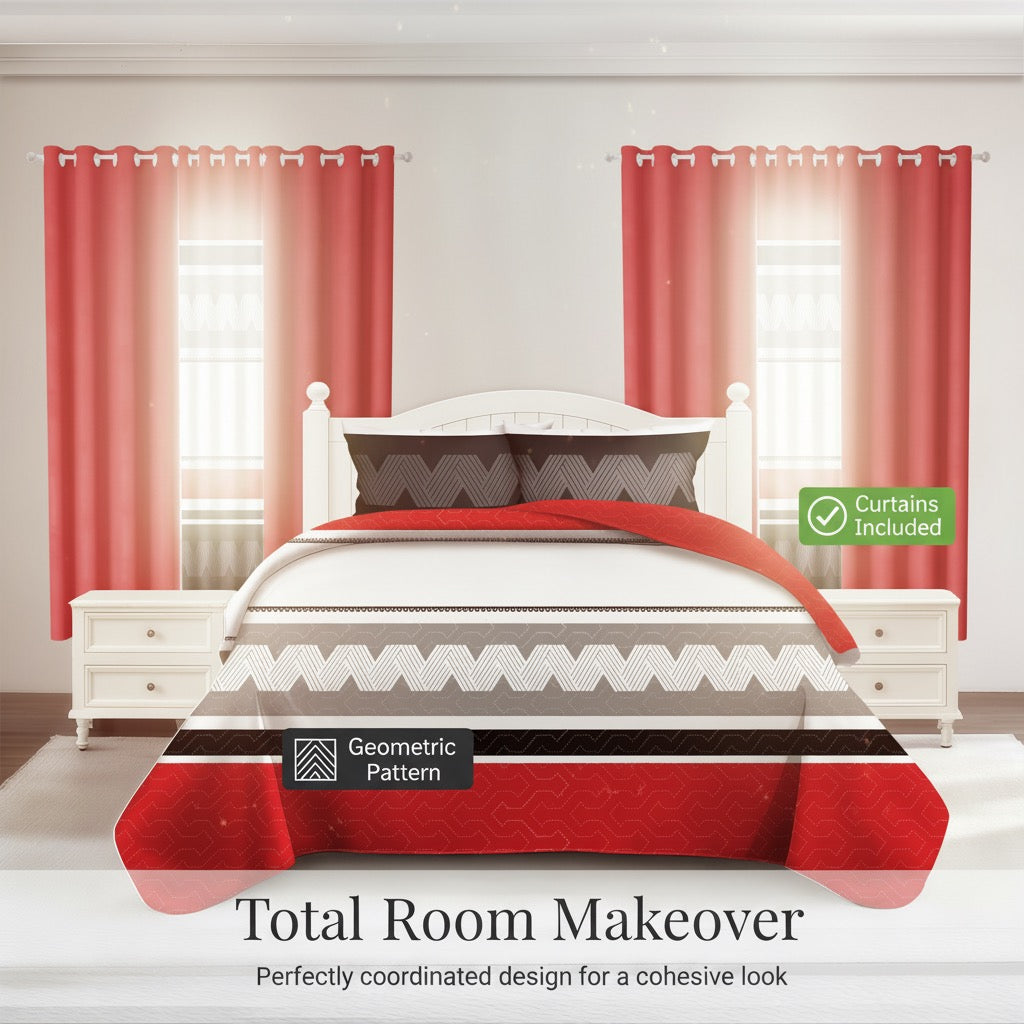 9-Piece Geometric Bedding and Curtain Set - Heavyweight Quilt & 6 Panels