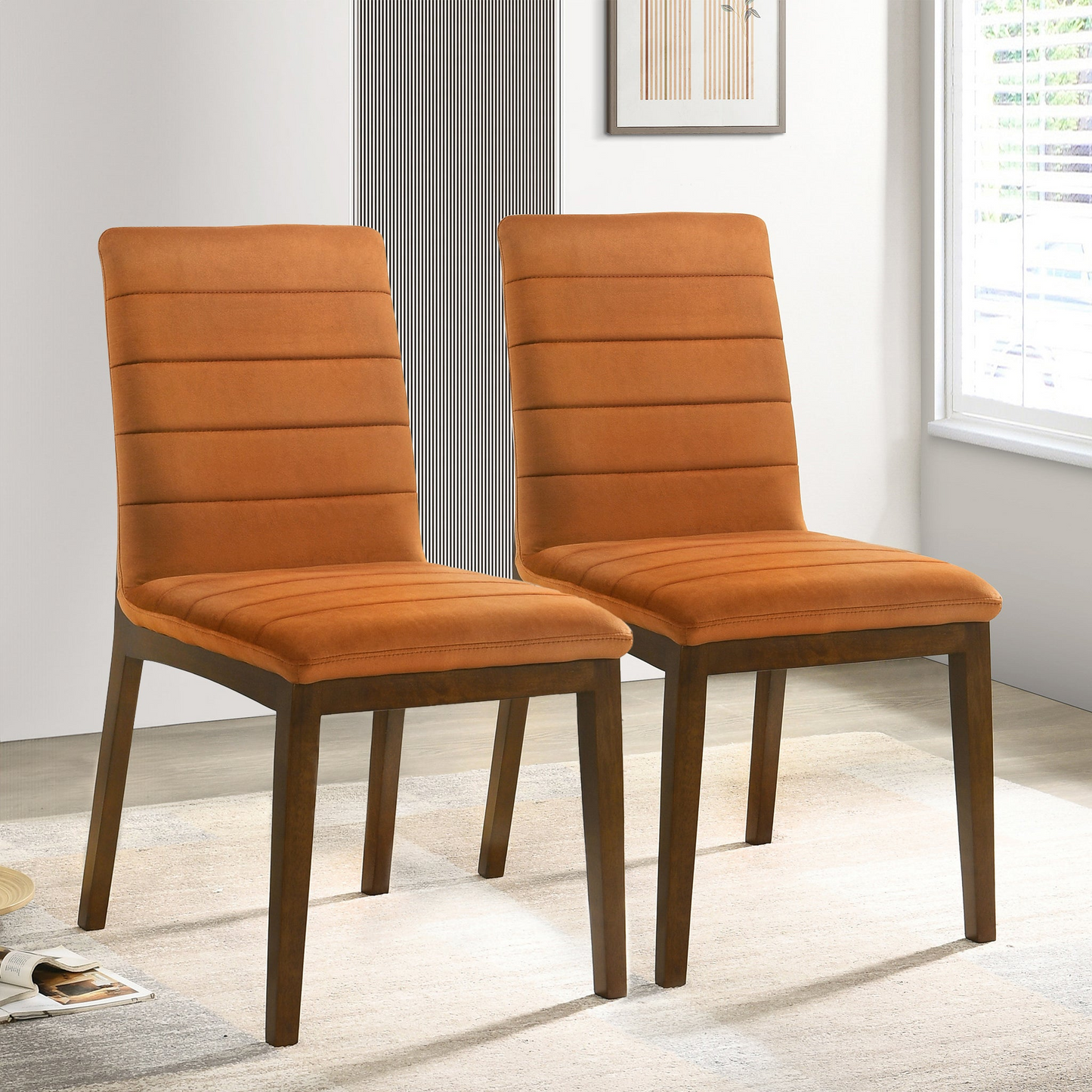 Ines Mid-Century Modern Burnt Orange Velvet Dining Chair Set With