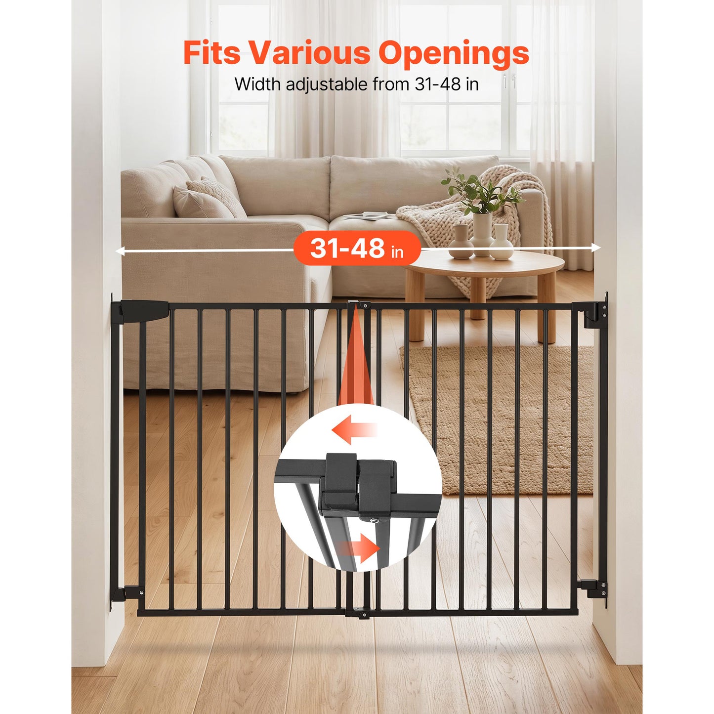 Baby Gate for Stairs & Doorways, Adjustable 31-48 In, No Bottom Bar, One-Hand Operation