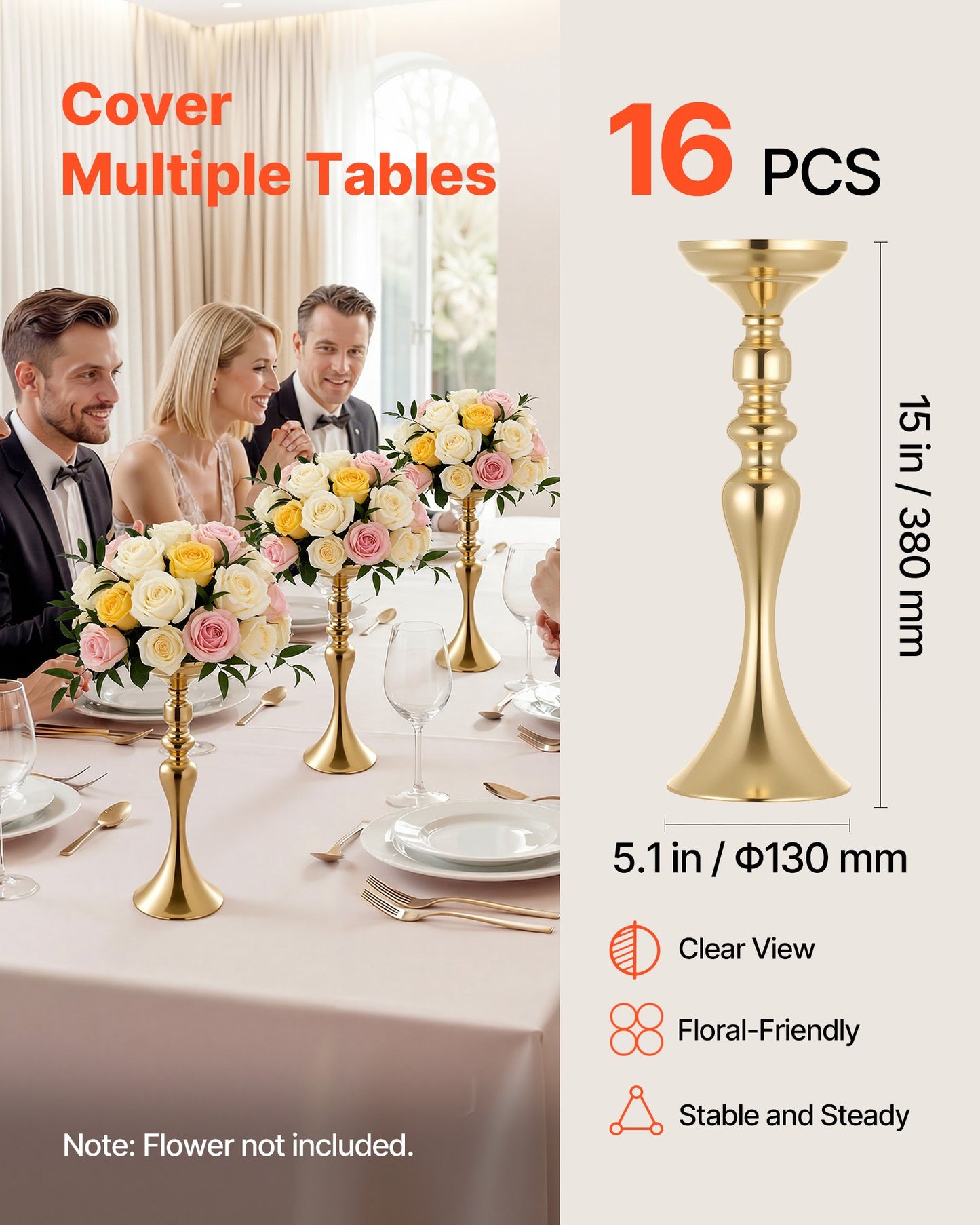 16 Pcs Tall Wedding Flower Vases - Gold Crystal Banquet Centerpieces for Party & Home Decor