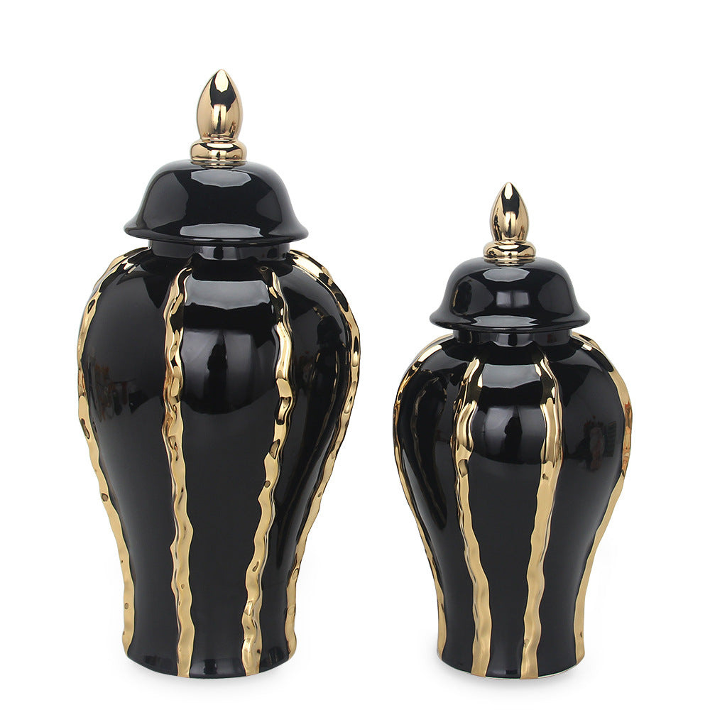 Ceramic Temple Jar Ornaments Set - Black and Gold Pattern Home Decor