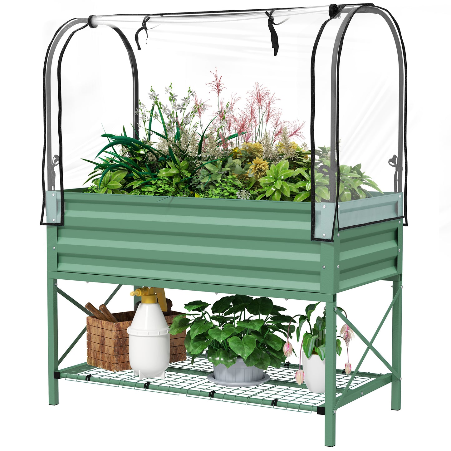 Raised Garden Bed with Legs and Cover - Metal Elevated Planter Box with Shelf for Vegetables