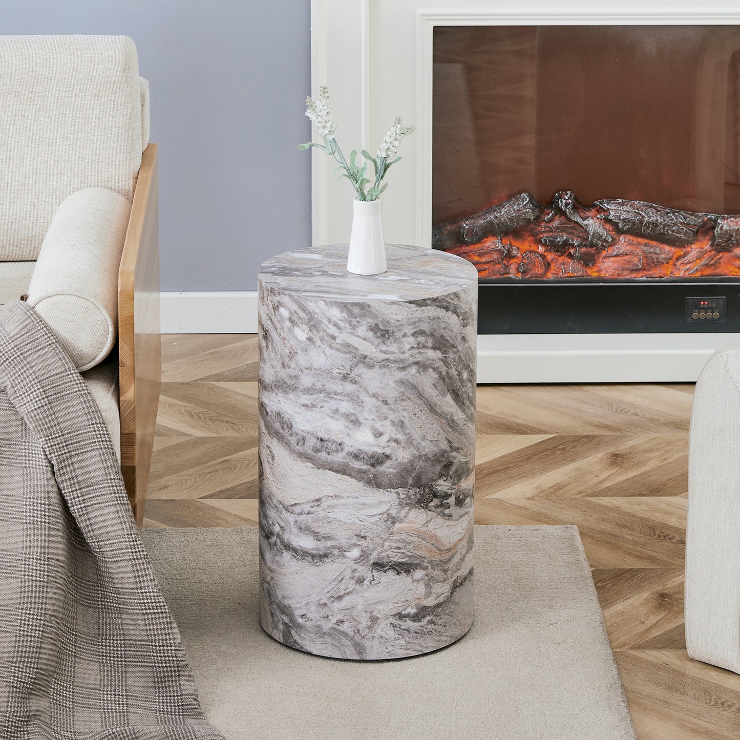 Simple Grey Marble Textured Cylindrical Coffee Table, 12-inch