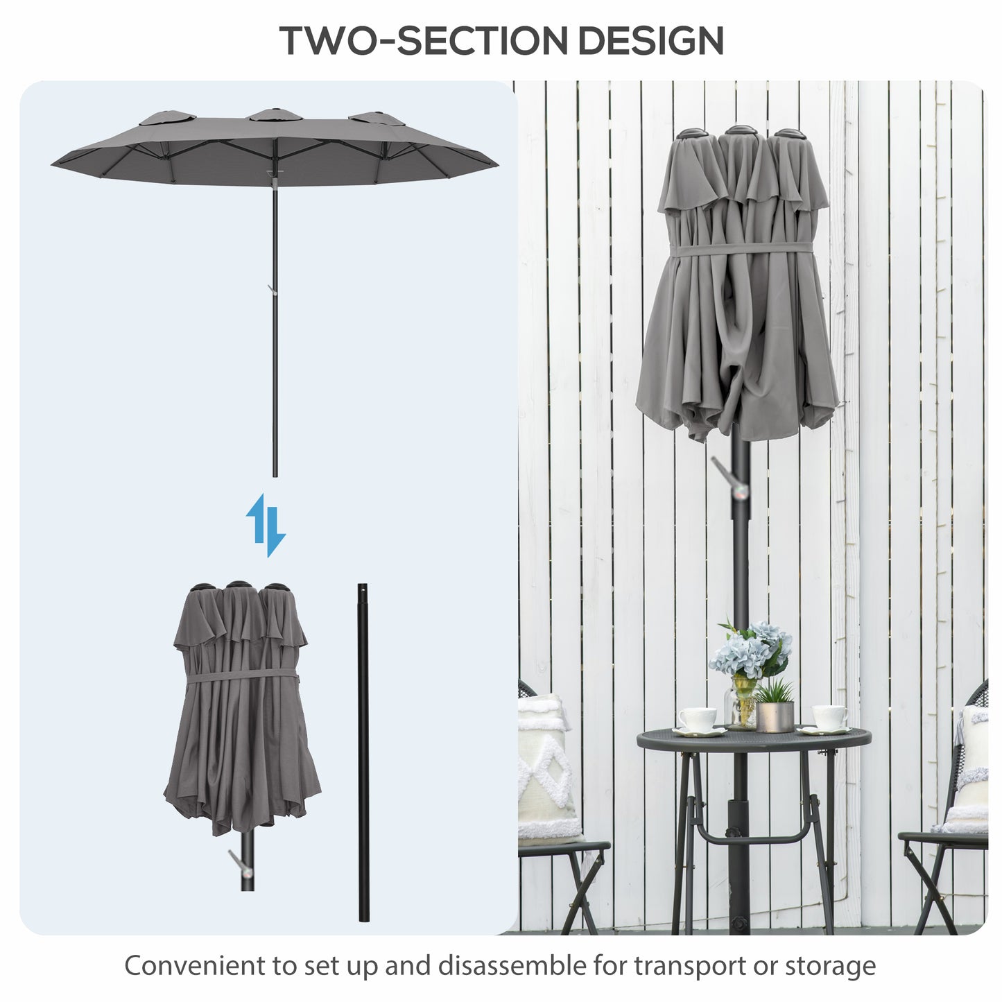 Double Sided Patio Umbrella - 9.7 ft Outdoor Market Umbrella, Gray