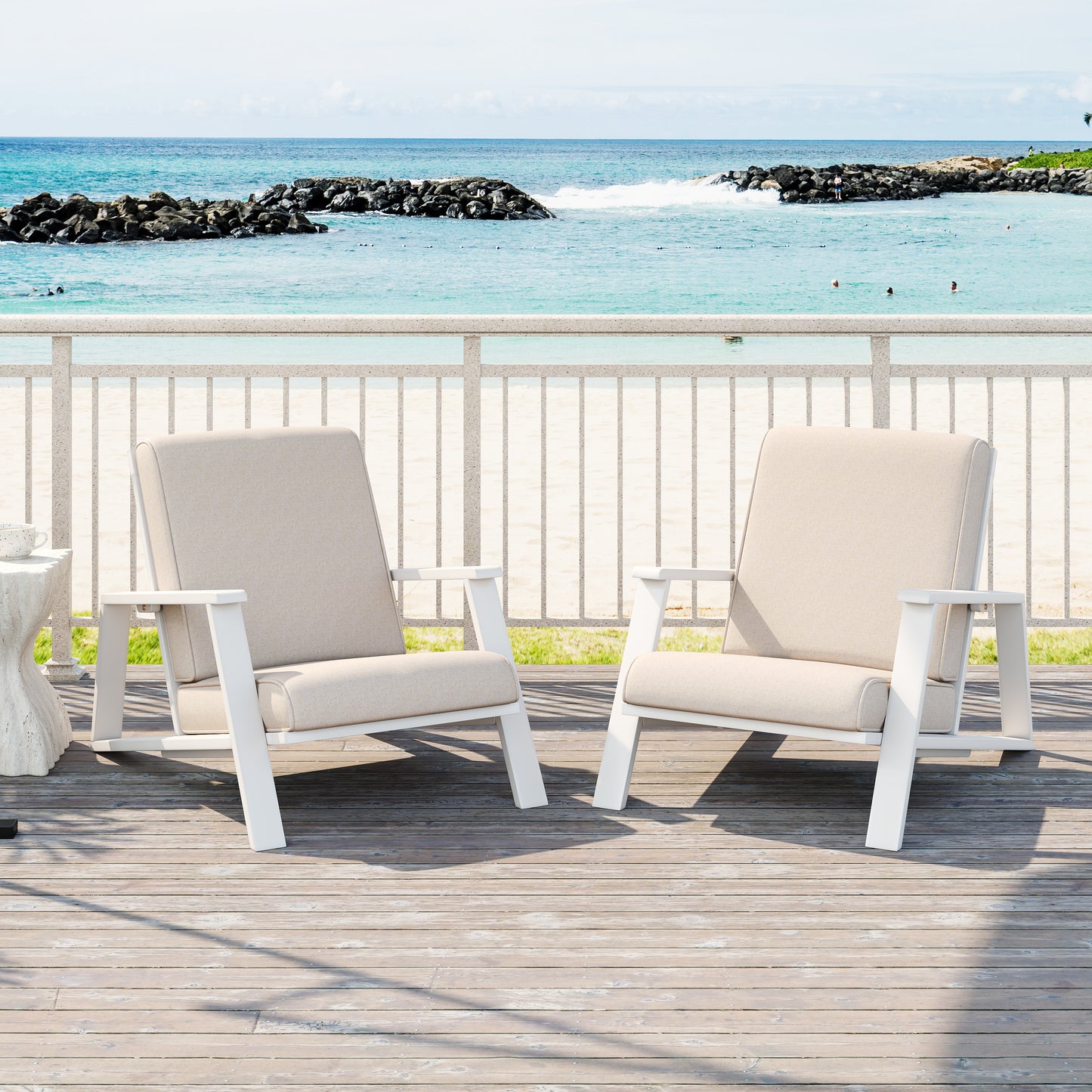 Patio Lounge Chair Set of 2 - Outdoor Club Chairs with Beige Cushions