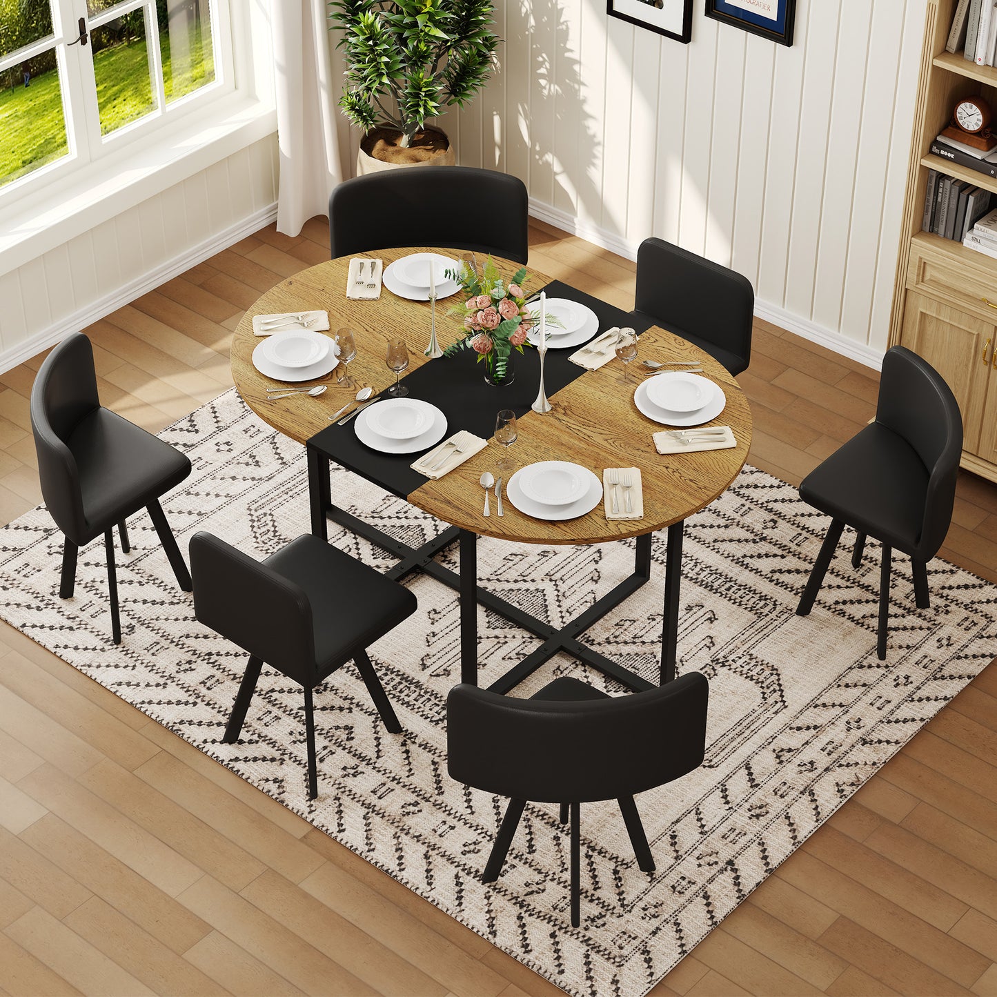 7-Piece Oval Dining Table Set, Fixed Wood Grain & Black Triamine