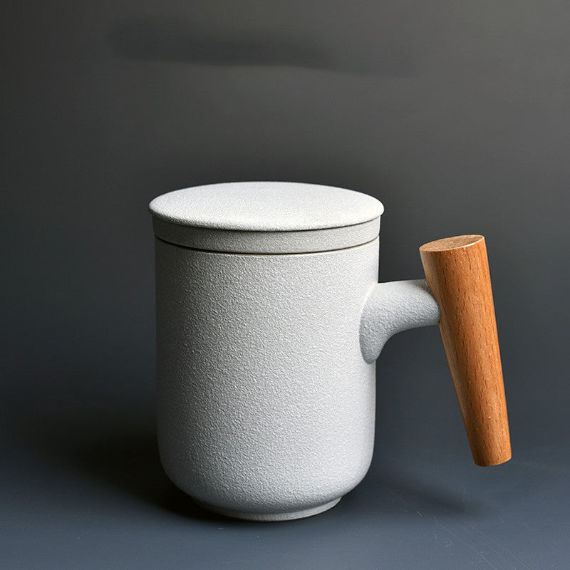 Ceramic Water Cup with Lid & Wooden Handle Large Capacity Drinkware
