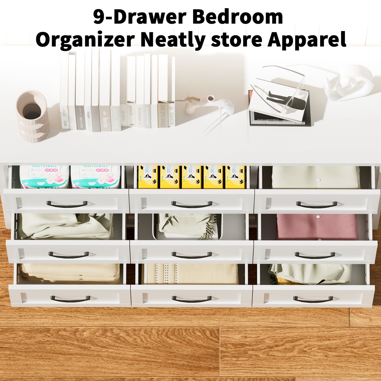 9 Drawer Dresser For Bedroom, Metal Profile Chest Of Drawers, White