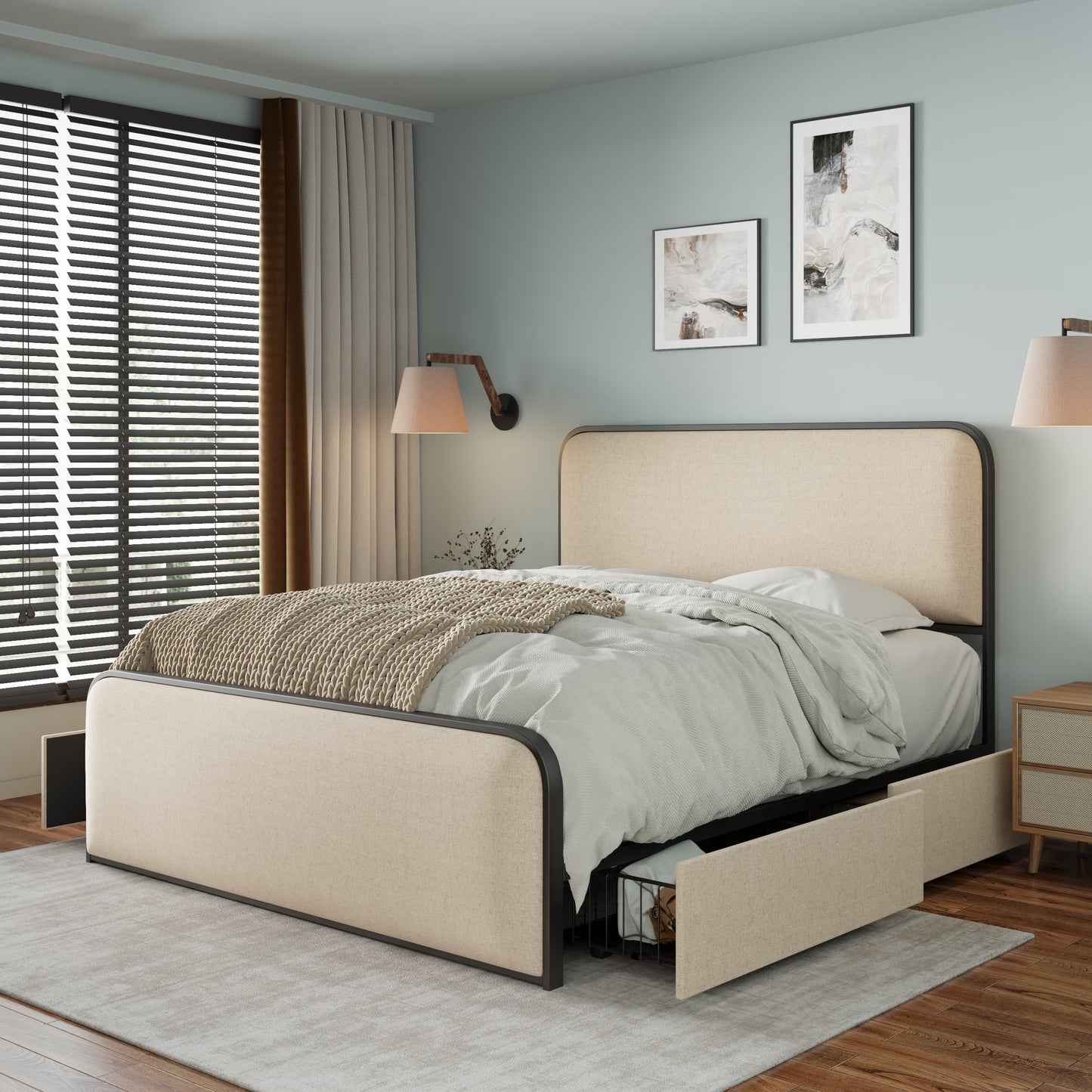 Queen Size Modern Metal Bed Frame with Upholstered Headboard & 4 Drawers - Beige