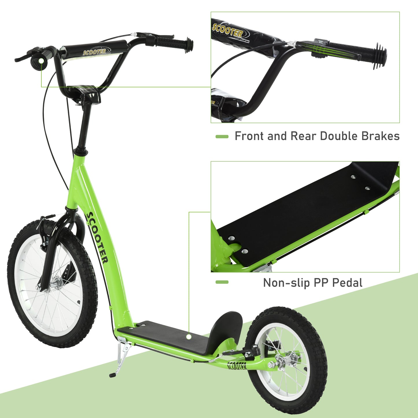 Youth Scooter with Adjustable Handlebar, Dual Brakes & Inflatable Wheels - Green