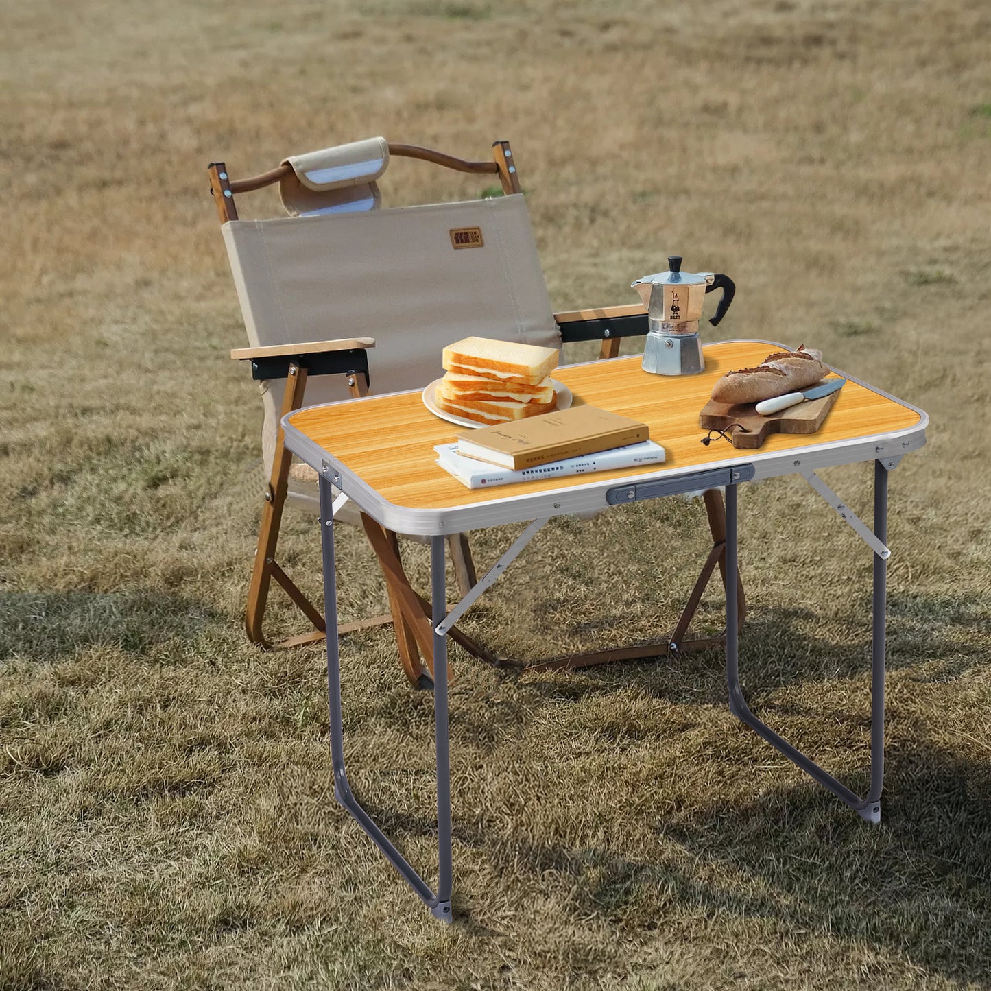 2.3ft Wood Grain Aluminum Camping Folding Table - 50kg Capacity
