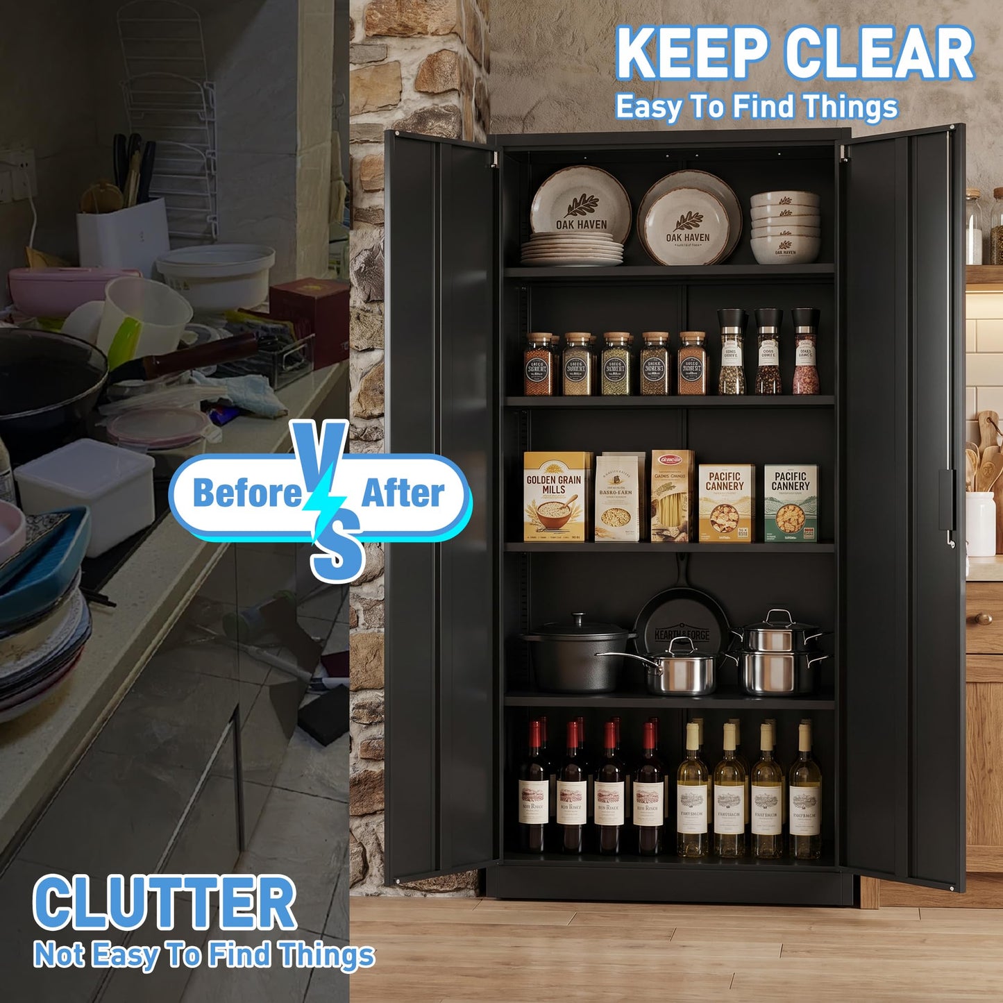 Lockable Metal Storage Cabinet with Adjustable Shelves - Black